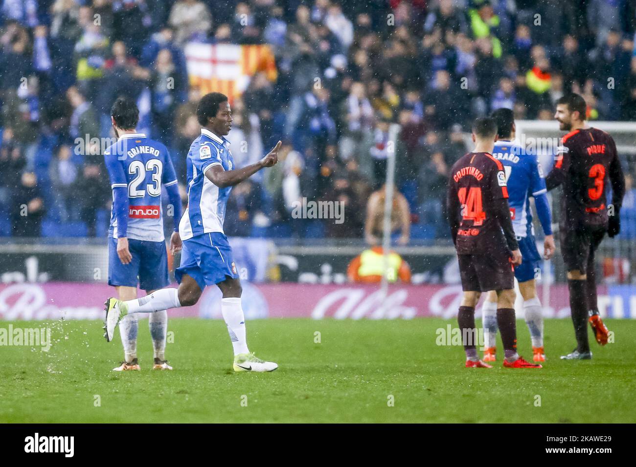 Carlos 'La Roca' Sanchez during the match between RCD Espanyol vs FC Barcelona, for the round 22 of the Liga Santander, played at Cornella -El Prat Stadium on February 4, 2018 in Barcelona, Spain. -- (Photo by Urbanandsport/NurPhoto) Stock Photo