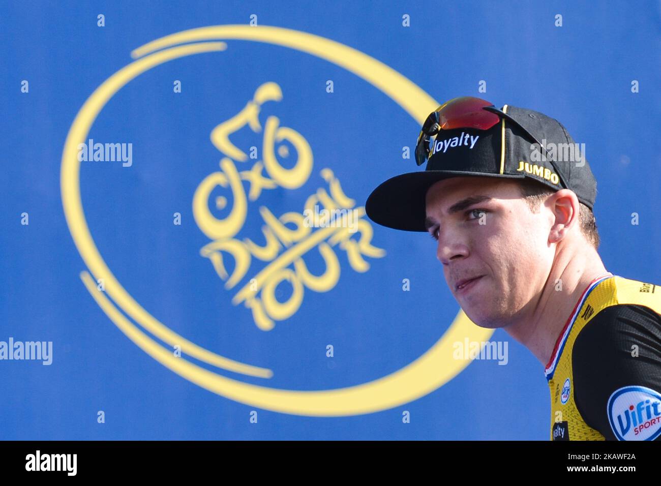 Dutch Dylan GROENEWEGEN from Team LottoNL–Jumbo arrives at the Awards Ceremony after winnning the Nakheel Stage, 167 km opening stage of Tour of Dubai 2018, with a start from Skydive Dubai and finish in front of the Atlantis at Palm Jumeirah. On Tuesday, February 6, 2018, in Dubai, United Arab Emirates. (Photo by Artur Widak/NurPhoto) Stock Photo