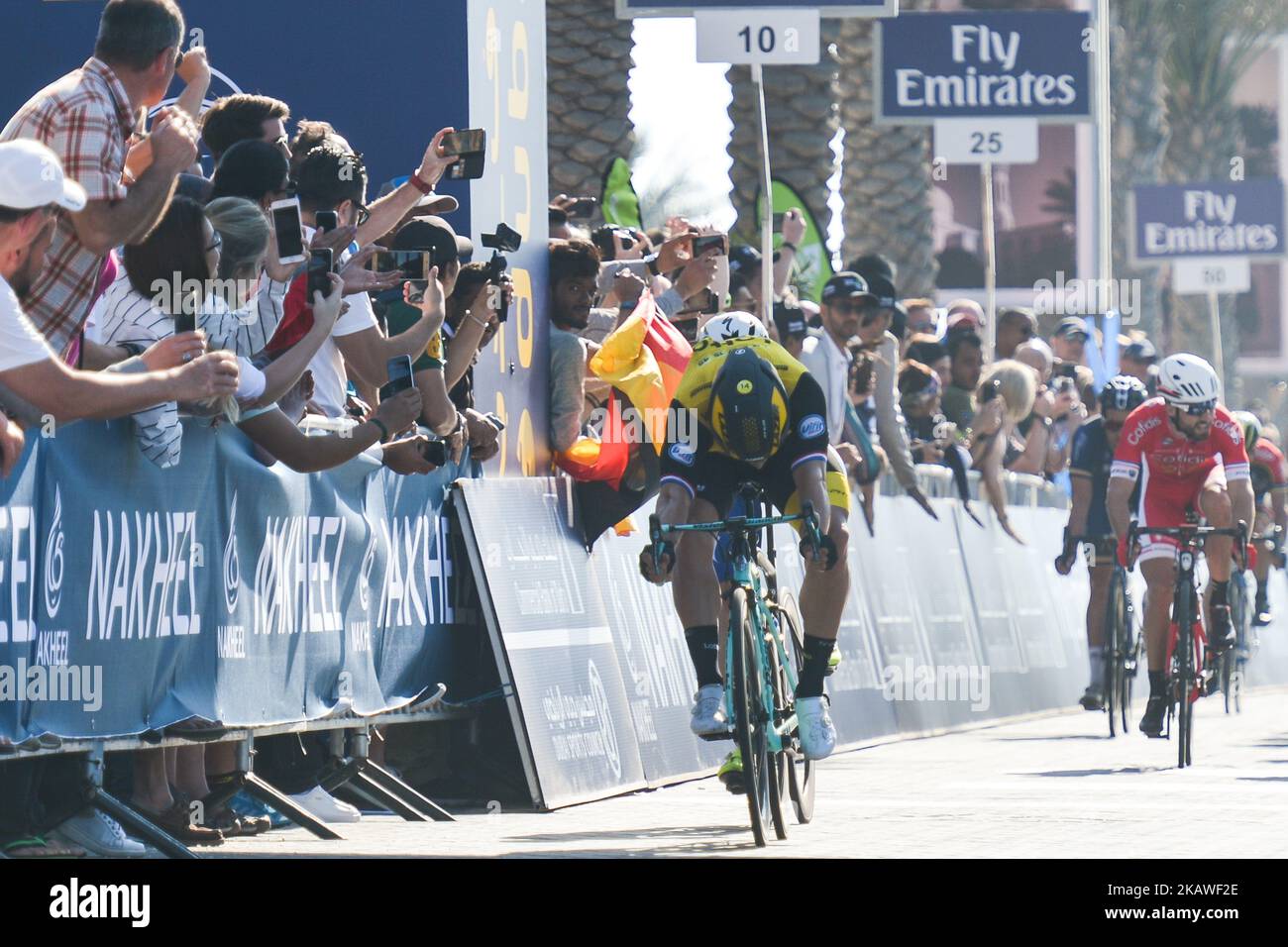 Dutch Dylan GROENEWEGEN from Team LottoNL–Jumbo wins the Nakheel Stage, 167 km opening stage of Tour of Dubai 2018, with a start from Skydive Dubai and finish in front of the Atlantis at Palm Jumeirah. On Tuesday, February 6, 2018, in Dubai, United Arab Emirates. (Photo by Artur Widak/NurPhoto) Stock Photo