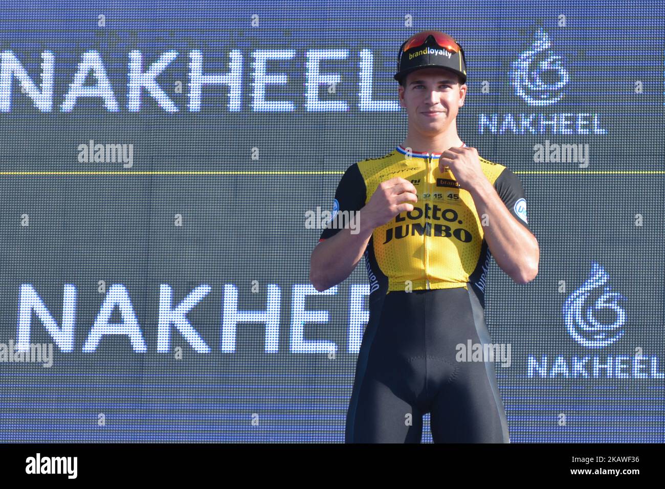 Dutch Dylan GROENEWEGEN from Team LottoNL–Jumbo during the Awards Ceremony after winnning the Nakheel Stage, 167 km opening stage of Tour of Dubai 2018, with a start from Skydive Dubai and finish in front of the Atlantis at Palm Jumeirah. On Tuesday, February 6, 2018, in Dubai, United Arab Emirates. (Photo by Artur Widak/NurPhoto) Stock Photo