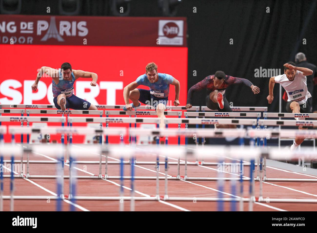 From left to right : Jorge Urena of Spain, Kevin Mayer of France, Ruben Gado of France, Basile Rolnin of France compete in 60m Triathlon during the Athletics Indoor Meeting of Paris 2018, at AccorHotels Arena (Bercy) in Paris, France on February 7, 2018. (Photo by Michel Stoupak/NurPhoto) Stock Photo