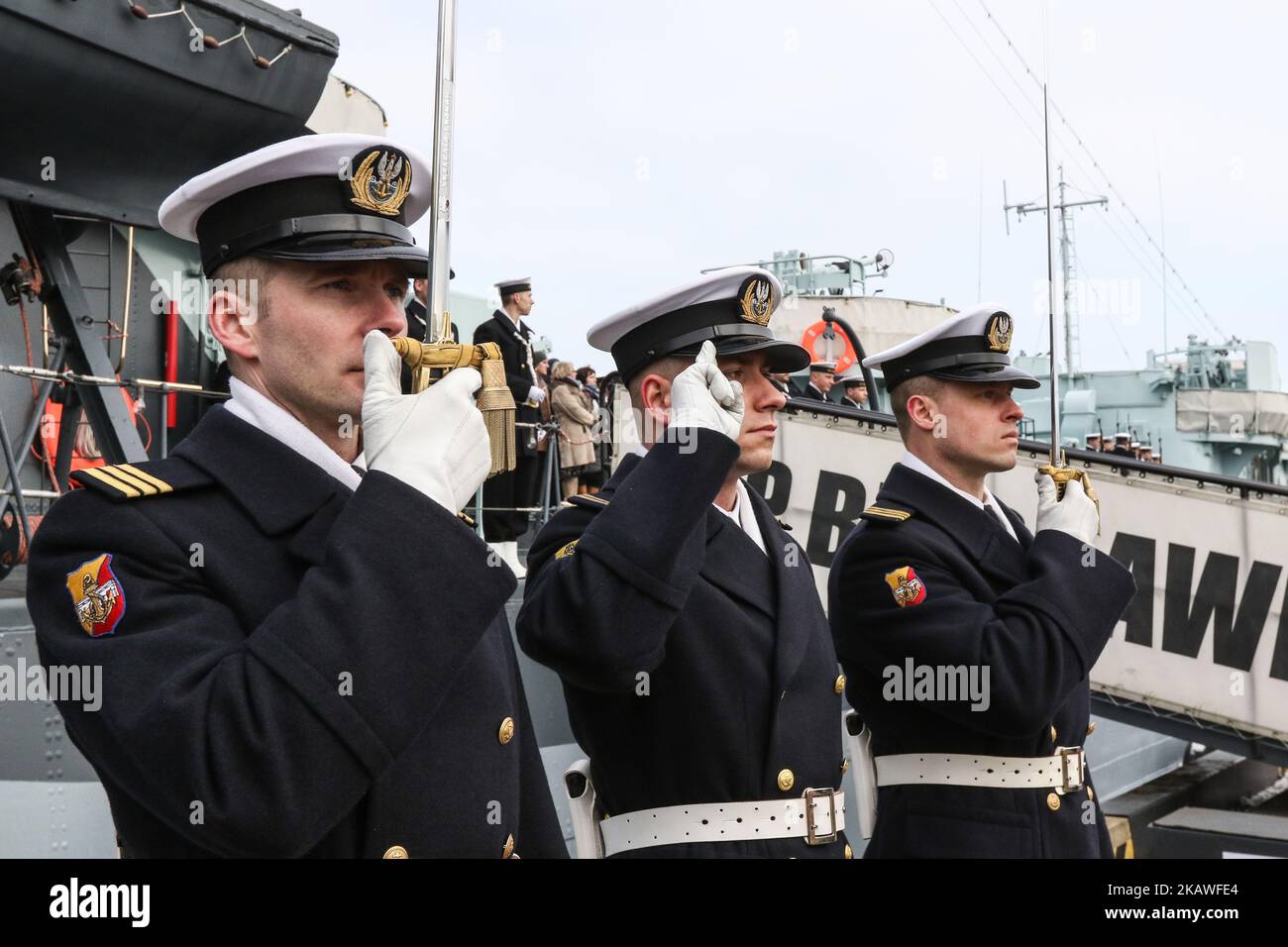 Navy soldiers are seen in Gdynia, Poland on 9 February 2018 Volunteers to serve in the army, after a period of learning to drill, military ceremonies and military discipline, officially filed a military oath and began specialist training. The families of new soldiers also took part in the ceremony. (Photo by Michal Fludra/NurPhoto) Stock Photo