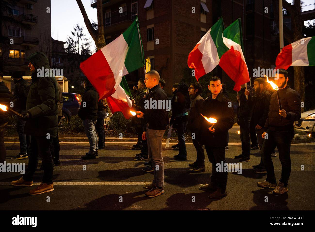 The far-right movement Casapound marched in Rome, Italy, Saturday, February 10, 2018 to remember the 'Foibe' massacres of Italians in northeast Italy, some of which is now Croatia and Slovenia, by Tito's partisans at the end of WWII. (Photo by Michele Spatari/NurPhoto) Stock Photo