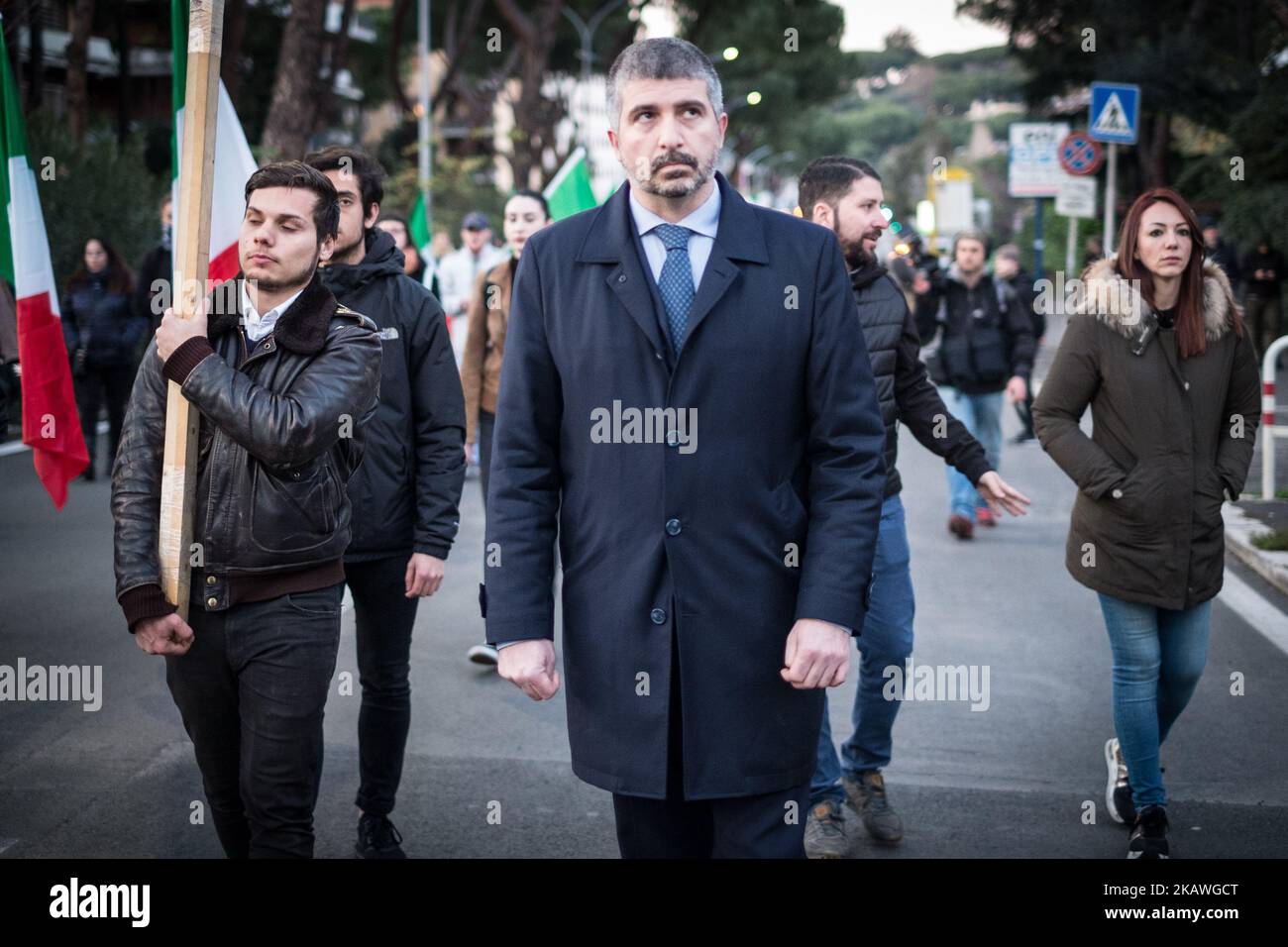 ROME, ITALY - FEBRUARY 10 The national secretary and premier candidate of CasaPound Italia for the upcoming policies of 4 March 2018, Simone Di Stefano during the demonstration for the martyrs of Foibe in Rome. To promote it is CasaPound Italia, on the occasion of the Day of Remembrance, to commemorate the 10,000 Italians massacred by titine partisans between 1943 and 1947 and the 300,000 Istrian and Giulian-Lalmatian exiles forced by communist hatred to leave their land.on February 10, 2018 in Rome, Italy. (Photo by Andrea Ronchini/NurPhoto) Stock Photo