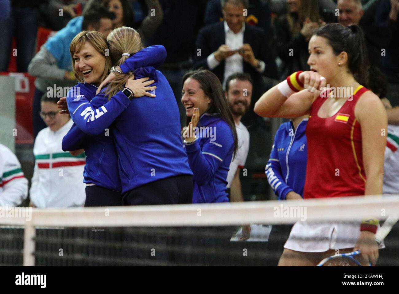 Tathiana Garbin captain of Italy team celebrate the victory of the 2018 Fed Cup BNP Paribas World Group II First Round match between Italy and Spain at Pala Tricalle 'Sandro Leombroni' on February 11, 2018 in Chieti, Italy. (Photo by Danilo Di Giovanni/NurPhoto) Stock Photo