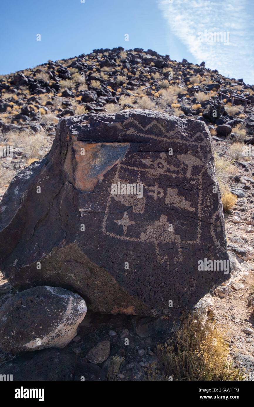 A vertical shot of rock-art at Petroglyph National Monument in Boca ...