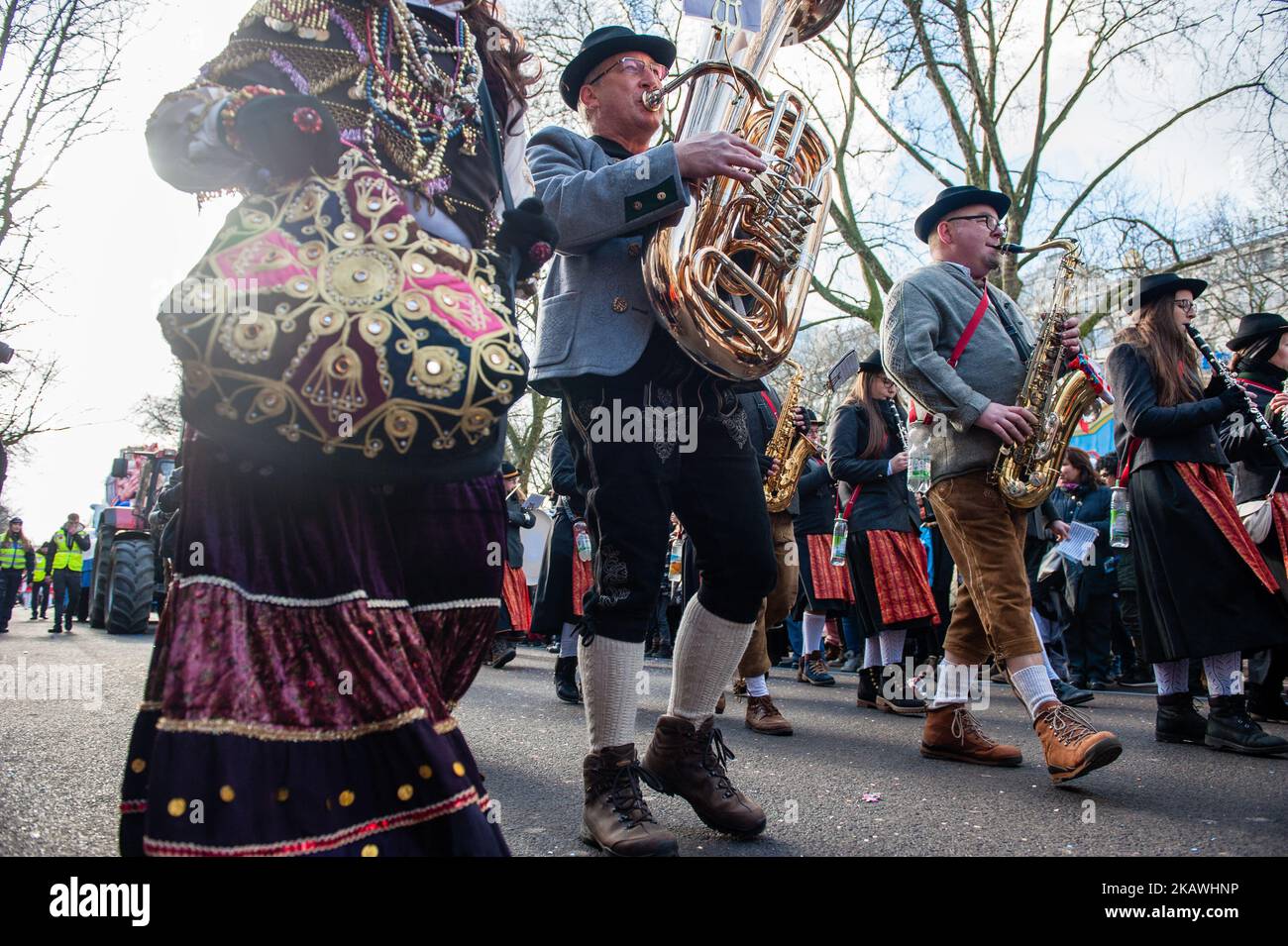 In Düsseldorf, Germany, on February 12th 2018, the calendar of Carnival events features no fewer than 300 Carnival shows, balls, anniversaries, receptions and costume parties. The motto this season is ‘Jeck erst recht’ (Carnival more than ever). The celebrations culminate in the Rose Monday Parade. More than 30 music ensembles and 5,000 participants join the procession through the city. Elaborately built and decorated floats address cultural and political issues and can be satirical, hilarious and even controversial. The politically themed floats of satirist Jacques Tilly are famous the world  Stock Photo