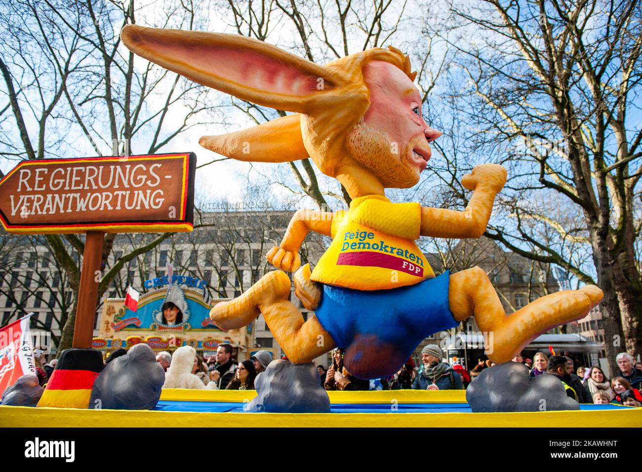 A float featuring Christian Lindner, head of the German Free Democratic Party (Freie Demokratische Partei, or FDP), is seen prior to the annual Rose Monday parade on February 12, 2018 in Dusseldorf, Germany. Political satire is a traditional cornerstone of the annual parades. More than 30 music ensembles and 5,000 participants join the procession through the city. Elaborately built and decorated floats address cultural and political issues and can be satirical, hilarious and even controversial. The politically themed floats of satirist Jacques Tilly are famous the world over. (Photo by Romy Ar Stock Photo