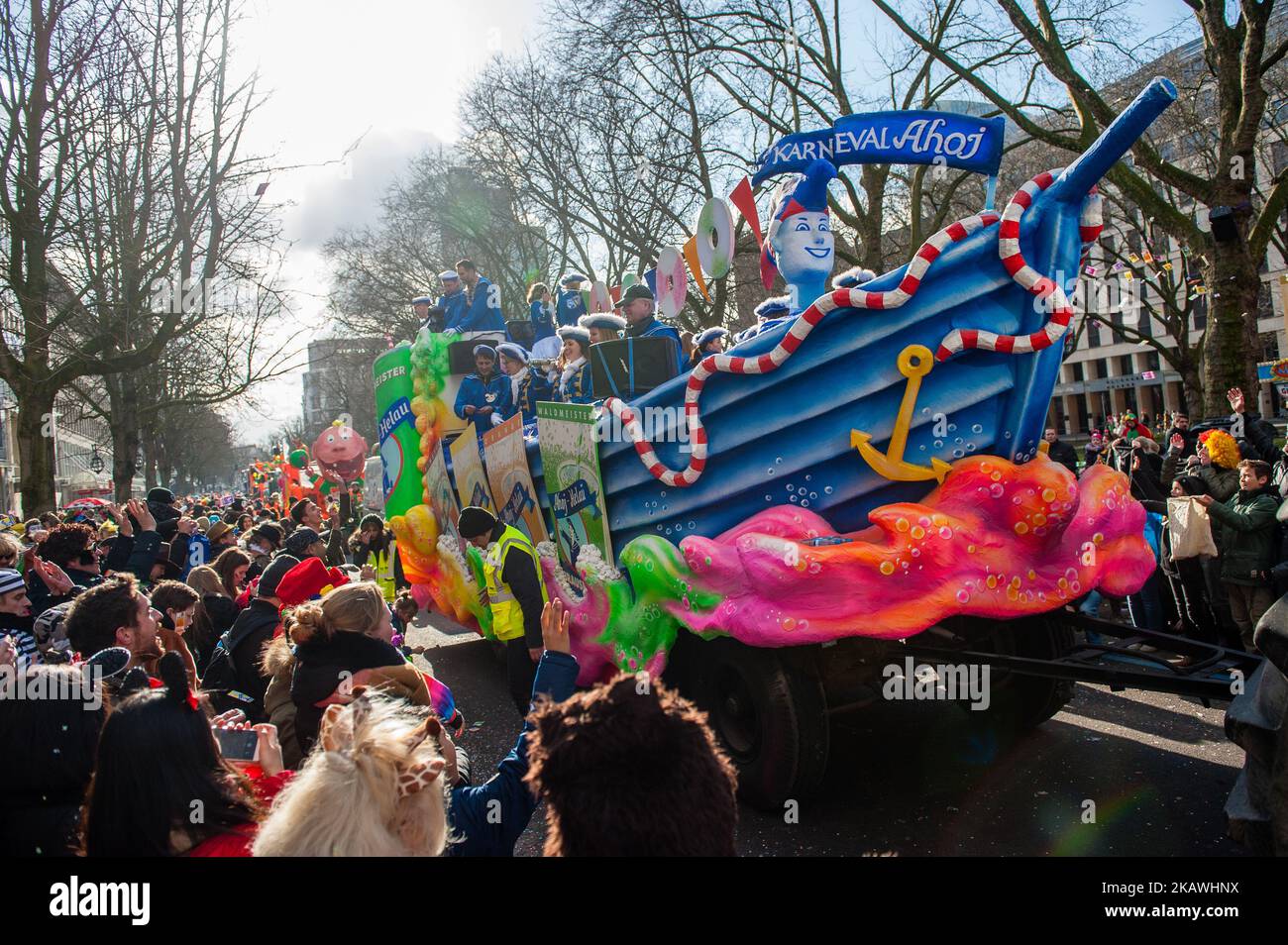 In Düsseldorf, Germany, on February 12th 2018, the calendar of Carnival events features no fewer than 300 Carnival shows, balls, anniversaries, receptions and costume parties. The motto this season is ‘Jeck erst recht’ (Carnival more than ever). The celebrations culminate in the Rose Monday Parade. More than 30 music ensembles and 5,000 participants join the procession through the city. Elaborately built and decorated floats address cultural and political issues and can be satirical, hilarious and even controversial. The politically themed floats of satirist Jacques Tilly are famous the world  Stock Photo