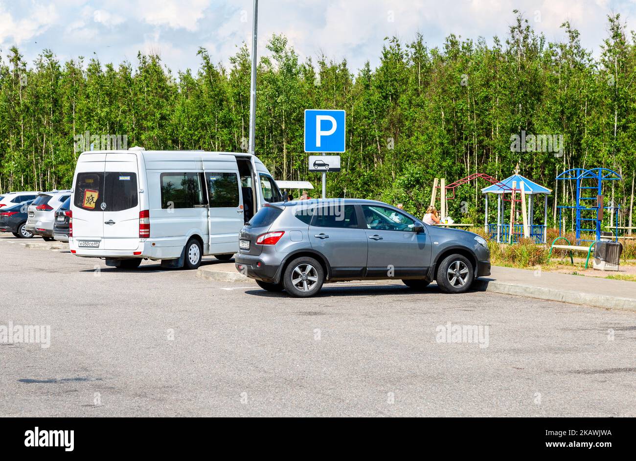 Moscow, Russia - July 12, 2022: Car parking at the toll road. Russian highway number M11 Stock Photo