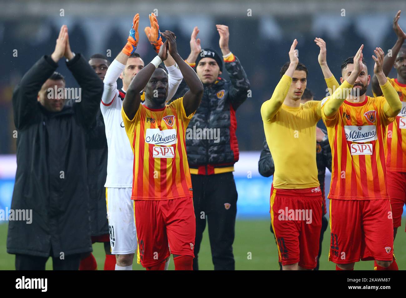 Bacary Sagna of Benevento with the teammates greeting the supporters during the serie A match between Benevento Calcio and FC Crotone at Stadio Ciro Vigorito on February 18, 2018 in Benevento, Italy. (Photo by Matteo Ciambelli/NurPhoto) Stock Photo