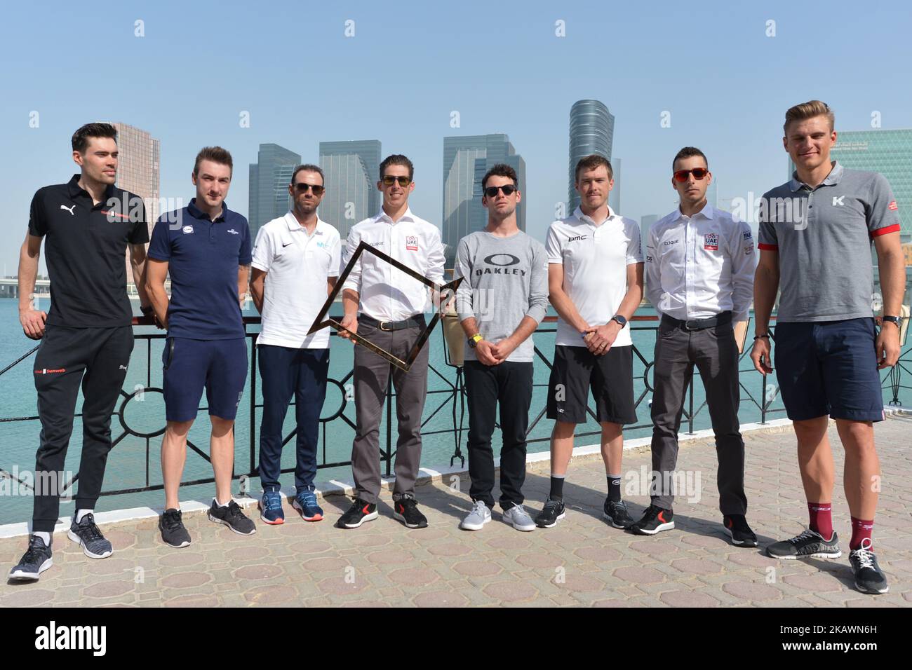 (Left-Right) Tom Dumoulin (Team Sunweb), Elia Viviani (Quick-Step Floors), Alejandro Valverde (Movistar Team), Rui Costa (UAE Team Emirates), Mark Cavendish (Team Dimension Data), Rohan Dennis (BMC Racing Team), Fabio Aru (UAE Team Emirates) and Marcel Kittel (Katusha Alpecin), during the photo session with the Abu Dhabi 2018 Tour Top Riders at Le Meridien Abu Dhabi. On Tuesday, February 20, 2018, in Abu Dhabi, United Arab Emirates. (Photo by Artur Widak/NurPhoto)  Stock Photo