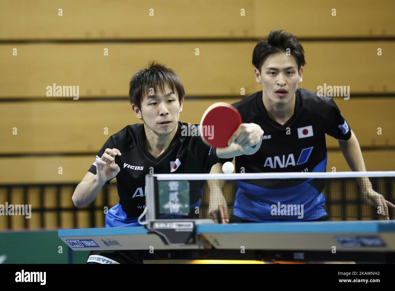 Koki Niwa and Yuya Ashima from Japan on the first day of ITTF Team Table Tennis World Cup on February 22, 2018 in Olympic Park in London. 12 teams compete in the tournament. (Photo by Dominika Zarzycka/NurPhoto) Stock Photo