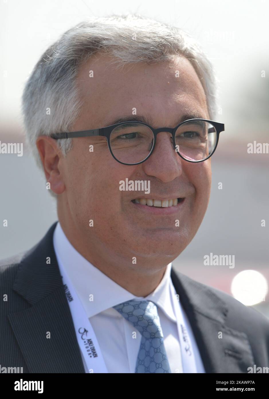 Liborio Stellino, Italian Ambassador to the UAE seen in the start area of the third stage, 133km Nations Tower Stage, from Nation Towers and finish near the Big Flag. On Friday, February 23, 2018, in Nation Towers, Abu Dhabi, United Arab Emirates. (Photo by Artur Widak/NurPhoto)  Stock Photo