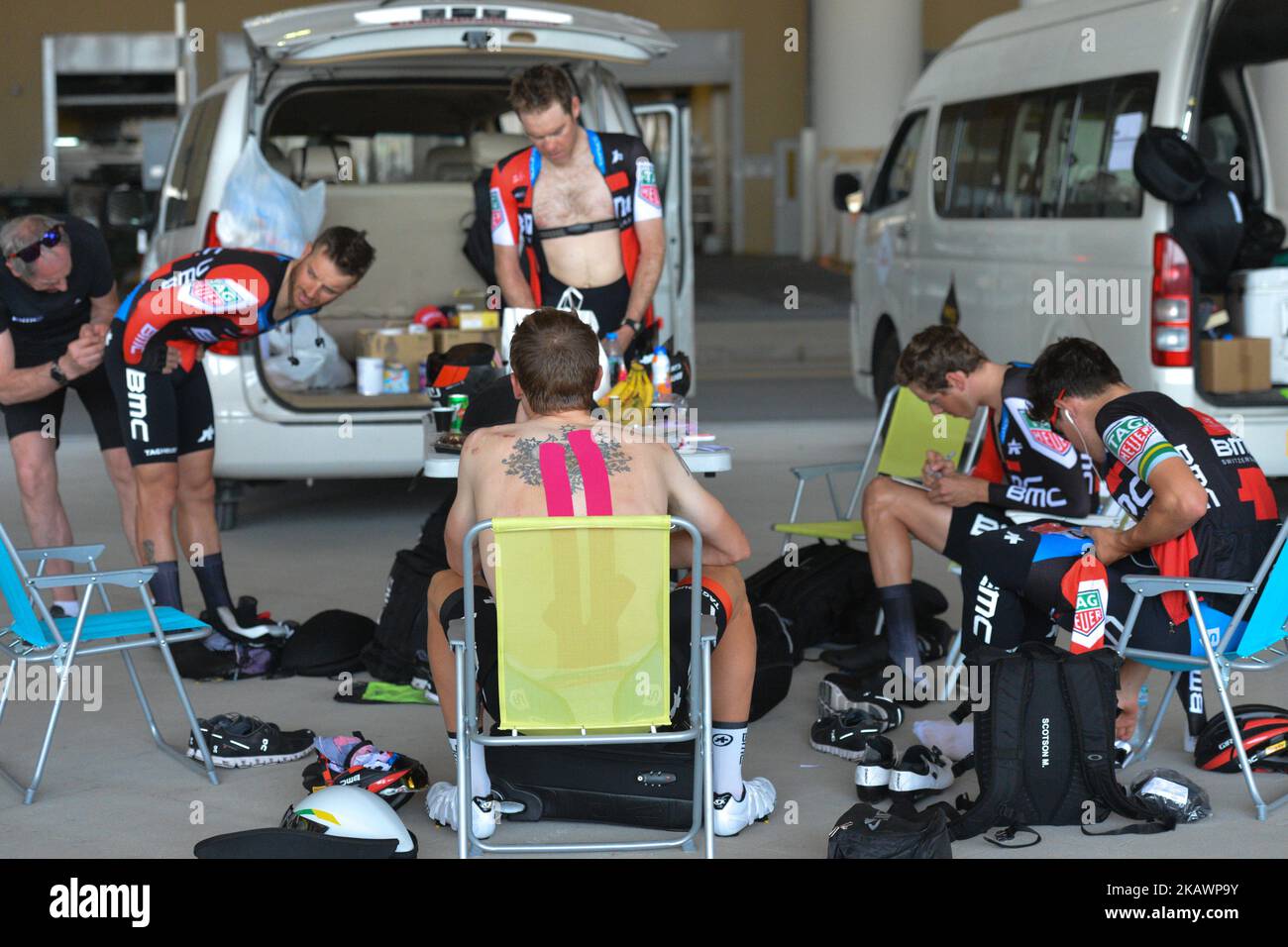 Members of BMC Racing Team prepare for the race ahead of the fourth stage, 12.6km individual time trial Al Maryah Island Stage of the 2018 Abu Dhabi Tour. On Saturday, February 24, 2018, in Al Maryah Island, Abu Dhabi, United Arab Emirates. (Photo by Artur Widak/NurPhoto)  Stock Photo