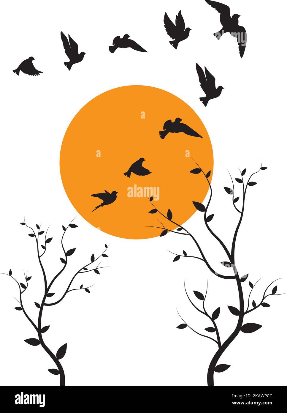 Flying Birds Silhouettes And Trees Illustration On Sunset, Vector 