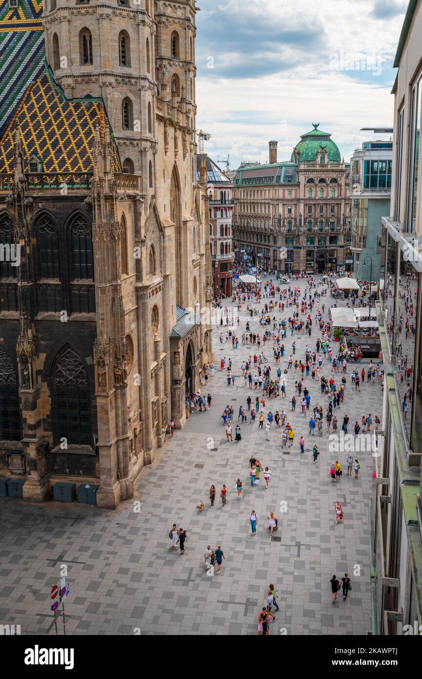 Stephansplatz and Stephansdom cathedral in Vienna above the city downtown and the main city square. Most popular meeting point and a tourist spot in A Stock Photo