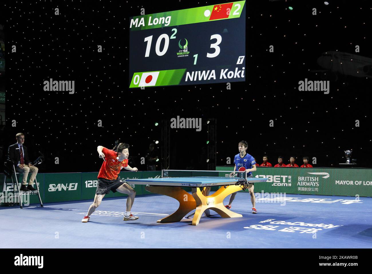 MA Long of China is playing the last and winning ball of the match with NIWA Koki of Japan during ITTF Team World Cup match, Men Finals, on February 25, 2018 in Copper Box Arena, Olympic Park, London. China becomes the team 2018 champion. (Photo by Dominika Zarzycka/NurPhoto) Stock Photo