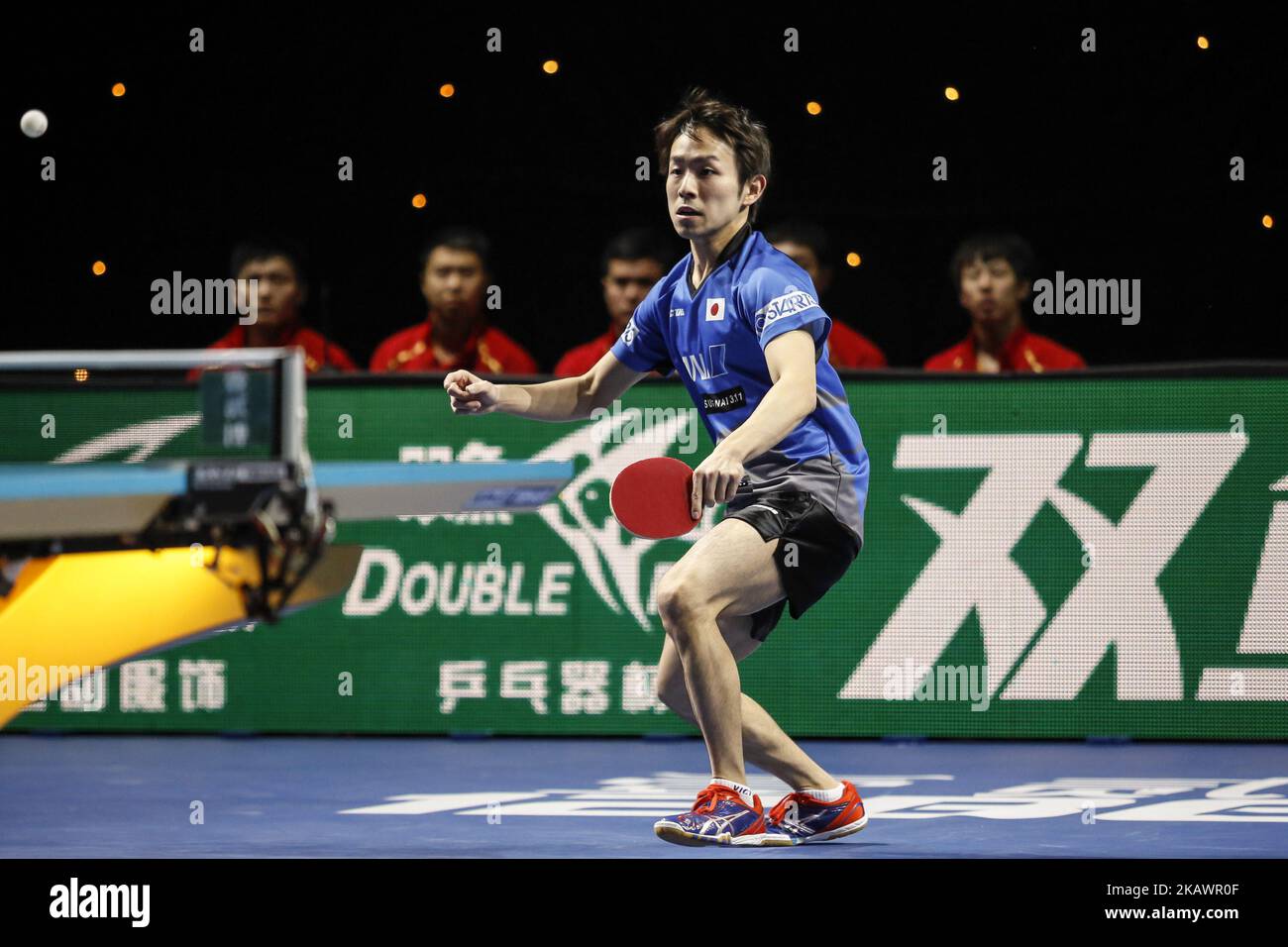 NIWA Koki of Japan during ITTF Team World Cup match between MA Long of China and NIWA Koki of Japan, Men Finals singles last and decisive match on February 25, 2018 in Copper Box Arena, Olympic Park, London. China becomes the team 2018 champion. (Photo by Dominika Zarzycka/NurPhoto) Stock Photo