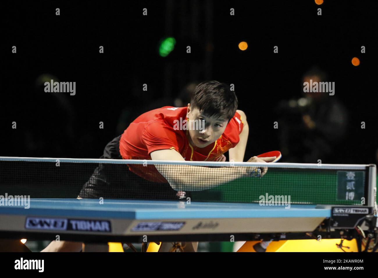 MA Long of China is winning with NIWA Koki of Japan during ITTF Team World Cup match between MA Long of China and NIWA Koki of Japan, Men Finals singles last and decisive match on February 25, 2018 in Copper Box Arena, Olympic Park, London. China becomes the team 2018 champion. (Photo by Dominika Zarzycka/NurPhoto) Stock Photo