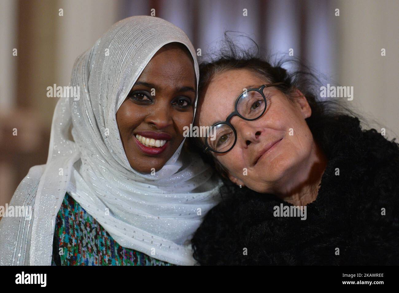 Ifrah Ahmed (Left) with Mary McGuckian, the film Director-Writer-Producer, during an on set photo call, which has just commenced in Dublin for the Pembridge Pictures and Umedia production of ‘A Girl from Mogadishu’ – a true story based on the testimony of Ifrah Ahmed. Born into a refugee camp in war-torn Somalia, Ifrah was trafficked to Ireland as a teenager. Recounting her traumatic childhood experiences of Female Genital Mutilation / Cutting (FGM/C) when applying for refugee status, she was again traumatized and decided to devote her life to the eradication of the practice. Ifrah emerged as Stock Photo