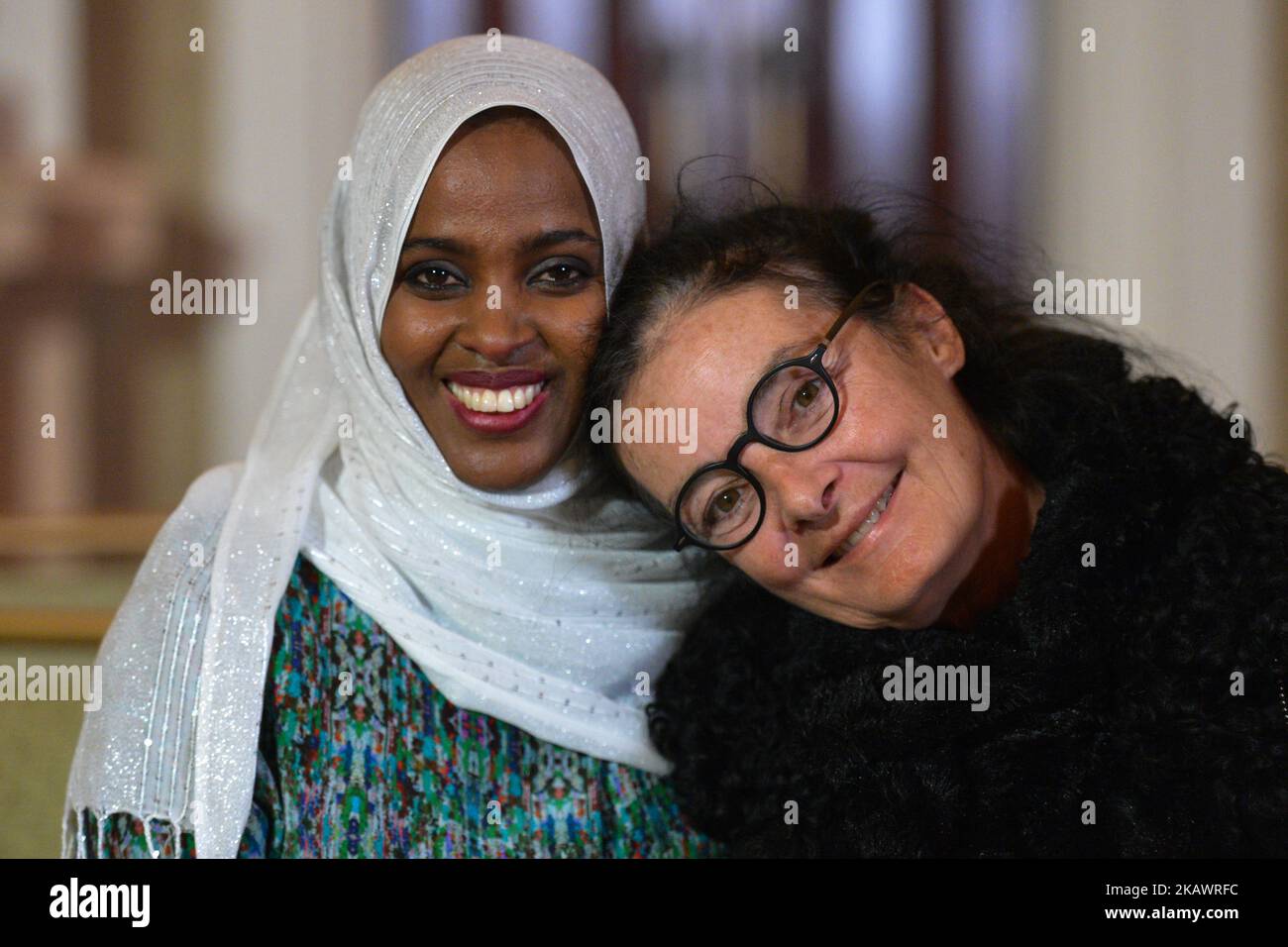 Ifrah Ahmed (Left) with Mary McGuckian, the film Director-Writer-Producer, during an on set photo call, which has just commenced in Dublin for the Pembridge Pictures and Umedia production of ‘A Girl from Mogadishu’ – a true story based on the testimony of Ifrah Ahmed. Born into a refugee camp in war-torn Somalia, Ifrah was trafficked to Ireland as a teenager. Recounting her traumatic childhood experiences of Female Genital Mutilation / Cutting (FGM/C) when applying for refugee status, she was again traumatized and decided to devote her life to the eradication of the practice. Ifrah emerged as Stock Photo