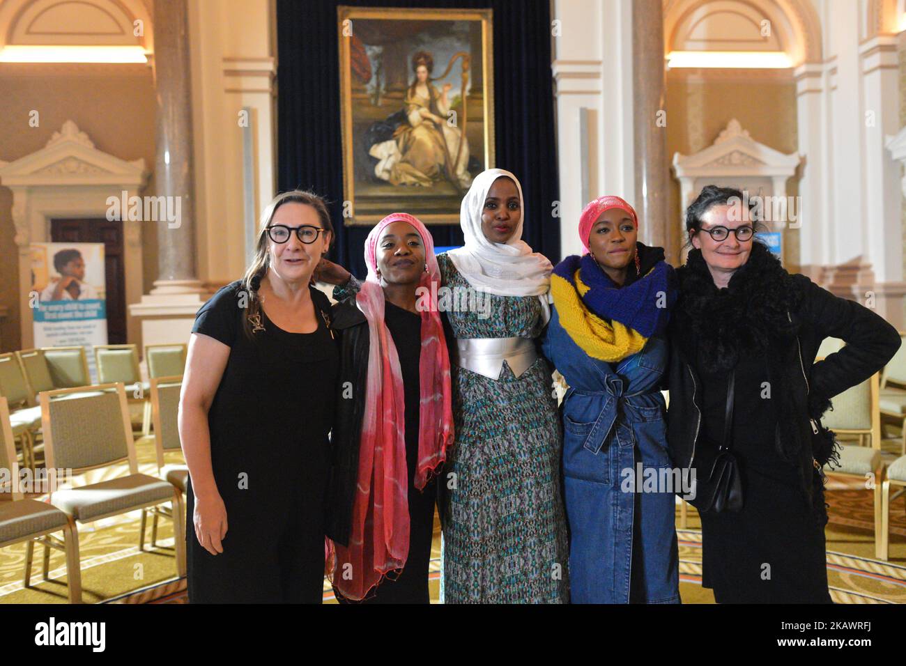 (Left-Right) Pauline McLynn, Aja Naomi King, Ifrah Ahmed, Martha Canga Antonio and Mary McGuckian, during an on set photo call, which has just commenced in Dublin for the Pembridge Pictures and Umedia production of ‘A Girl from Mogadishu’ – a true story based on the testimony of Ifrah Ahmed. Born into a refugee camp in war-torn Somalia, Ifrah was trafficked to Ireland as a teenager. Recounting her traumatic childhood experiences of Female Genital Mutilation / Cutting (FGM/C) when applying for refugee status, she was again traumatized and decided to devote her life to the eradication of the pr Stock Photo