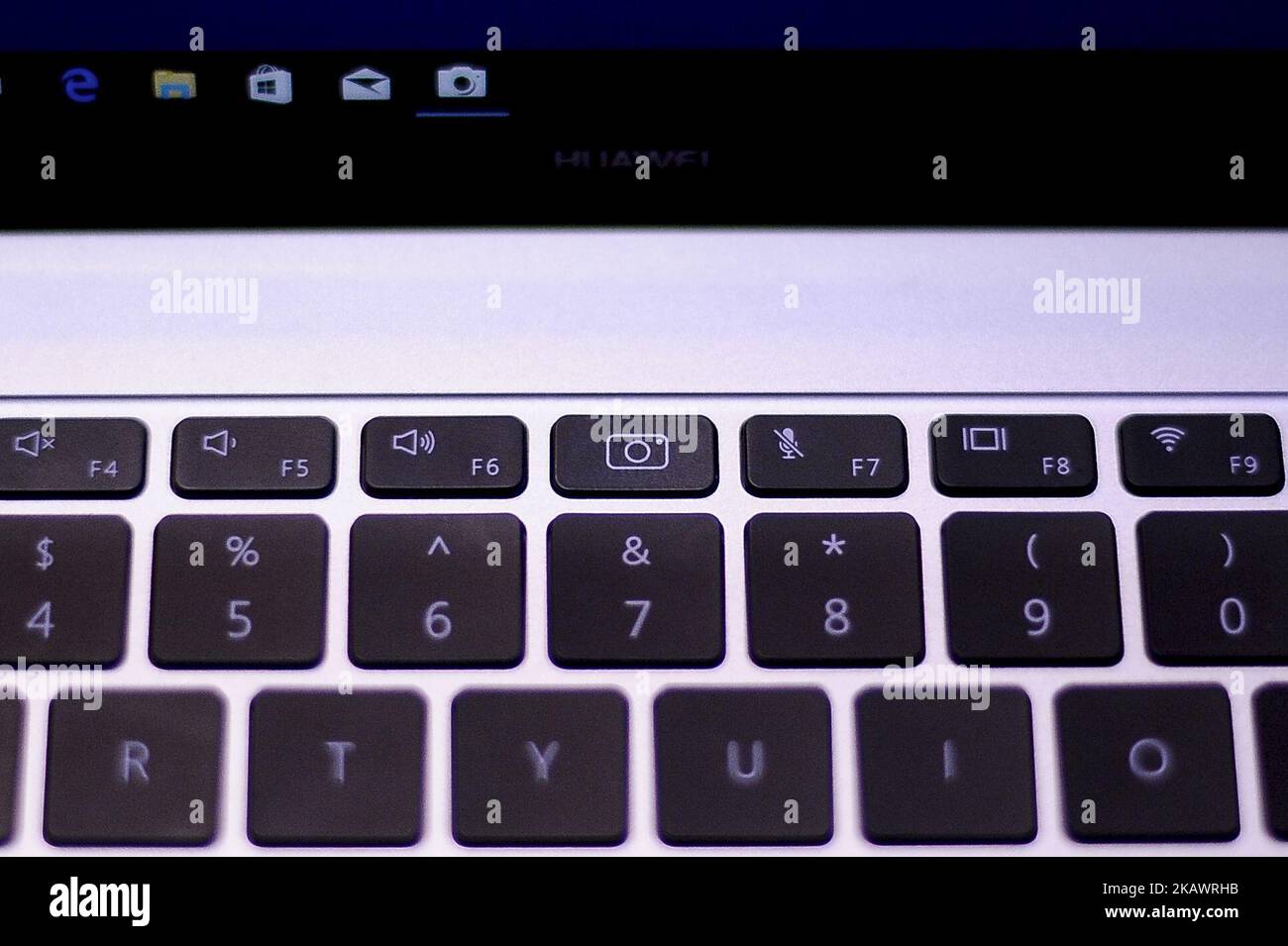 Keyboard of the new Huawei matebook X Pro that have a camera integrated, showed at Huawei stand during the Mobile World Congress Day 2 on February 27, 2018 in Barcelona, Spain. (Photo by Joan Cros/NurPhoto) Stock Photo