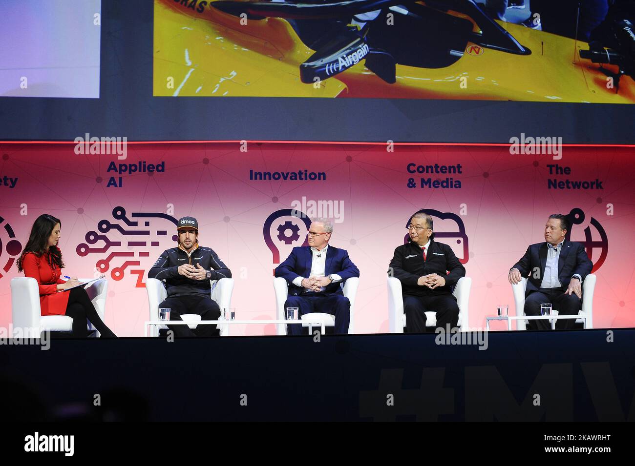 Left to Rigth: Karen Tso, Fernando Alonso, Chuck Myers, Shin Miyakawa and Zak Brown, attended The Fourth industrial Revolution conference, at Mobile World Congress day 2, on February 27, 2018 in Barcelona, Spain. (Photo by Joan Cros/NurPhoto) Stock Photo