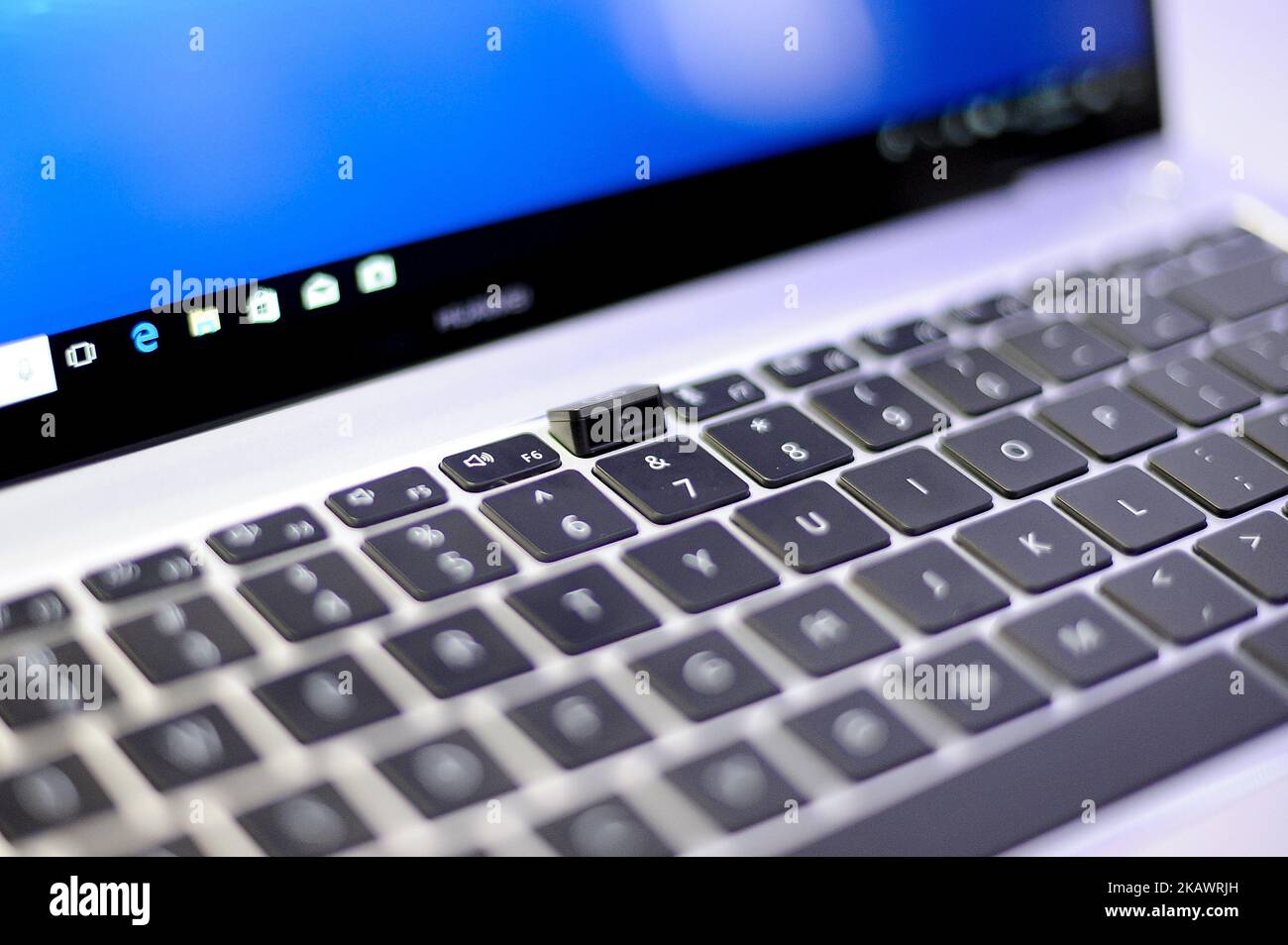 Camera of the new Huawei matebook X Pro, showed ath Huawei stand during the Mobile World Congress Day 2 on February 27, 2018 in Barcelona, Spain. (Photo by Joan Cros/NurPhoto) Stock Photo