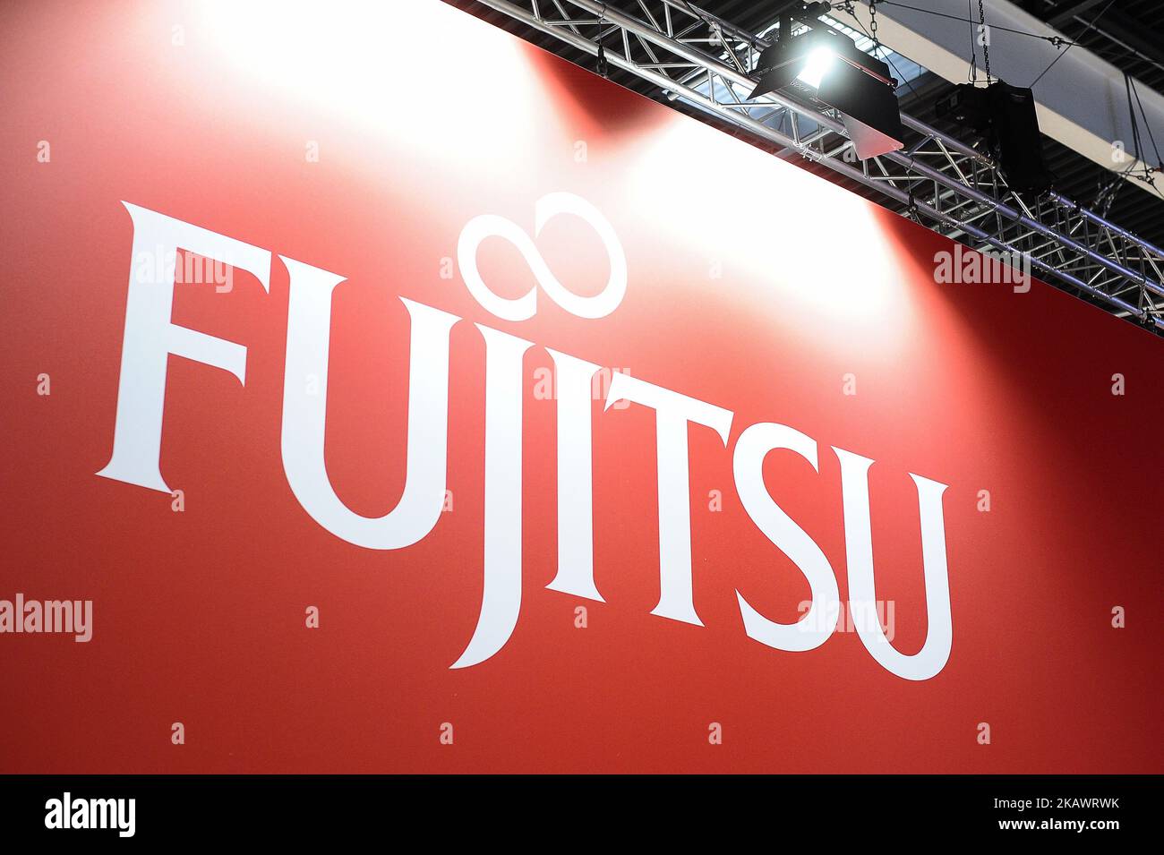 Fujitsu Logo at Fujitsu pavilion, during theMobile World Congress day 3, on February 28, 2018 in Barcelona, Spain. (Photo by Joan Cros/NurPhoto) Stock Photo