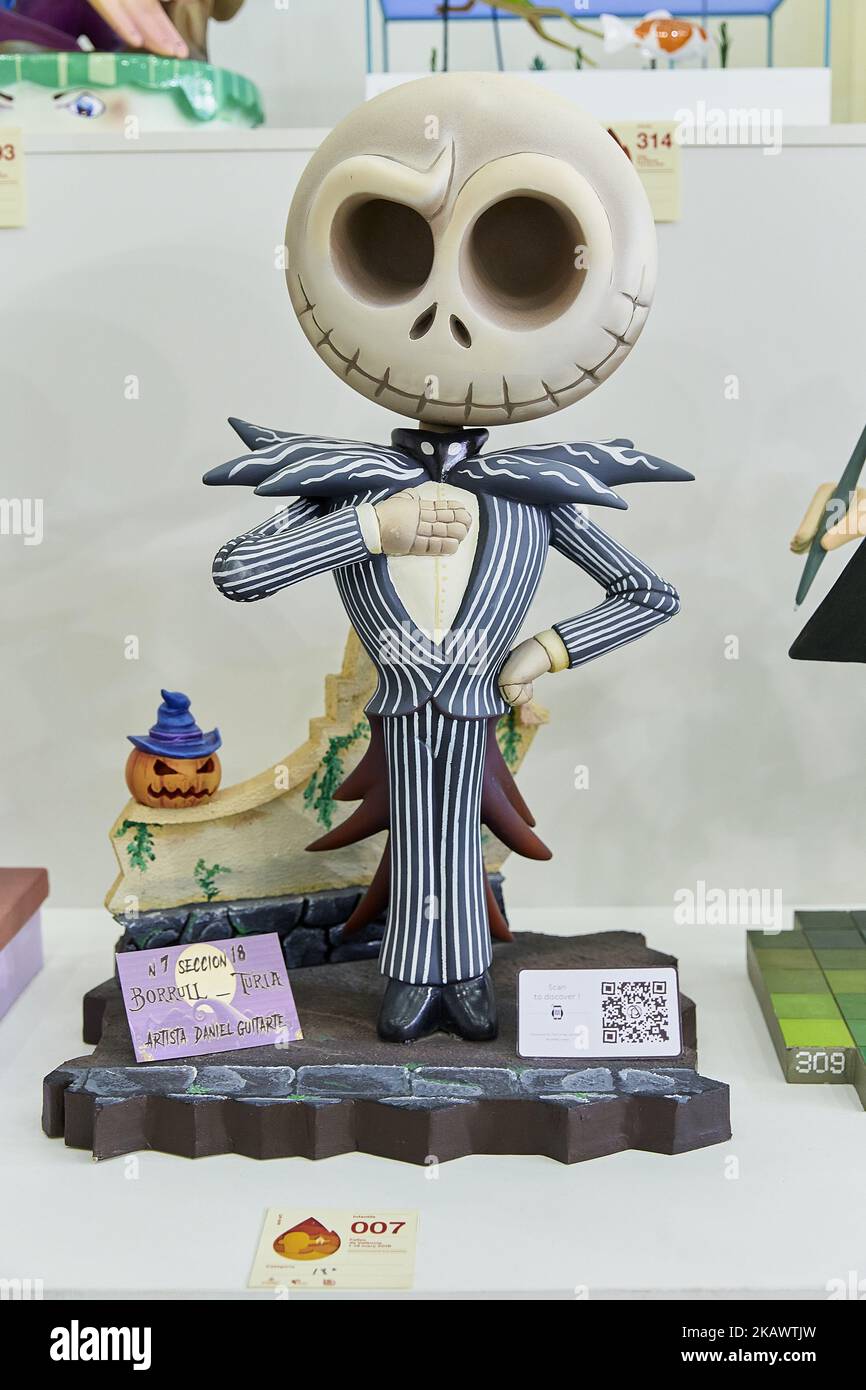 A 'ninot' (puppet) depicting Tim Burton character Jack Skellington is displayed during the Ninot exhibition ahead of Las Fallas Festival at Museo de Las Ciencias Principe Felipe on March 1, 2018 in Valencia, Spain. The Fallas is Valencias most international festival, which runs from March 15 until March 19 and celebrates the arrival of spring with fireworks, fiestas and bonfires made by large puppets named Ninots. During the months preceding this unique festivity, a lot of hard work and dedication is put into preparing the monumental and ephemeral cardboard statues that will be devoured by the Stock Photo