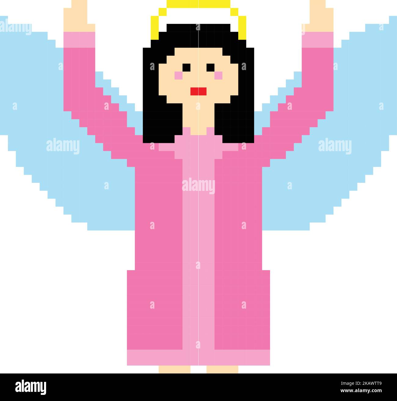 An angel in pink dress with blue wings pixel art vector illustration
