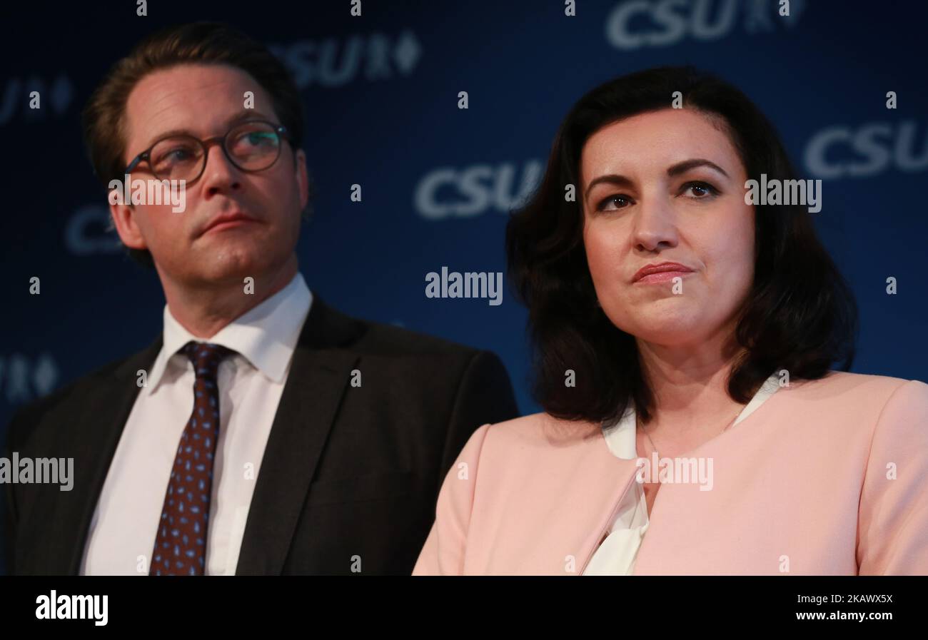 CSU's secretary general and designated minister of traffic Andreas Scheuer and CSU's vice chairwoman Dorothee Baer stand on the stage in Munich, Germany, on 5 March 2018.The Christian Social Union anounced its new federal ministers, the deputy state secretaries and the new secretary general. Yesterday the Social Democratic Party of Germany (SPD) anounced, that the members voted for a new Grand Coalition (GroKo) with the CDU and CSU. (Photo by Alexander Pohl/NurPhoto) Stock Photo