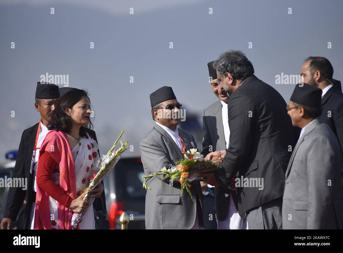 Foreign Secretary Shankerdas Bairagi welcome Prime Minister of the Islamic Republic of Pakistan, Shahid Khaqan Abbasi in Kathmandu, Nepal on Monday, March 05, 2018. (Photo by Narayan Maharjan/NurPhoto) Stock Photo