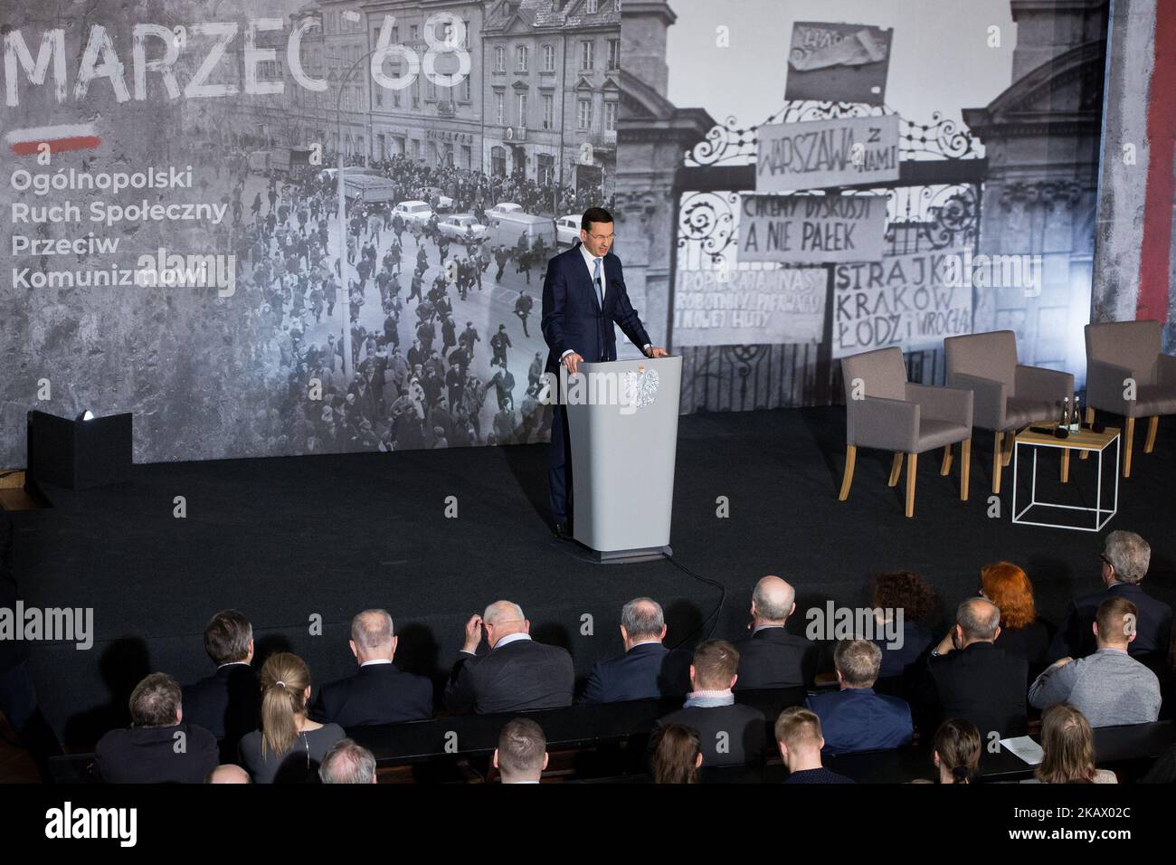 Prime Minister of Poland Mateusz Morawiecki during the debate about 'March 1968' (1968 Polish political crisis) at University of Warsaw, in Warsaw, Poland on 7 March 2018 (Photo by Mateusz Wlodarczyk/NurPhoto) Stock Photo