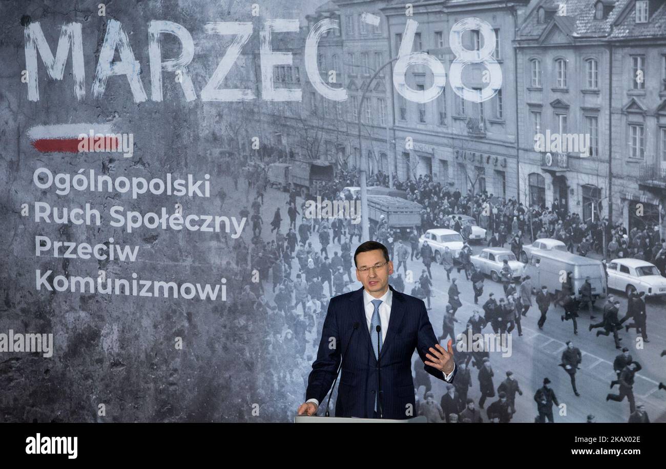 Prime Minister of Poland Mateusz Morawiecki during the debate about 'March 1968' (1968 Polish political crisis) at University of Warsaw, in Warsaw, Poland on 7 March 2018 (Photo by Mateusz Wlodarczyk/NurPhoto) Stock Photo