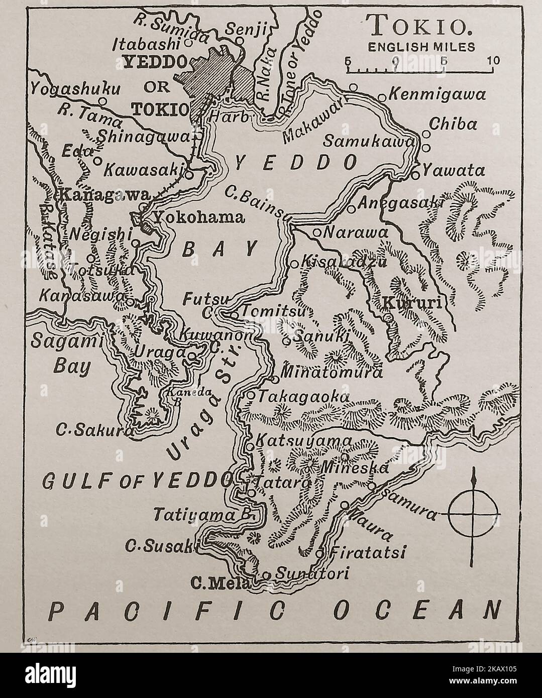 A late 19thcentury map of Yeddo Bay and Tokio, Japan.  ---   日本のイェド湾と東京の19世紀後半の地図。 Stock Photo