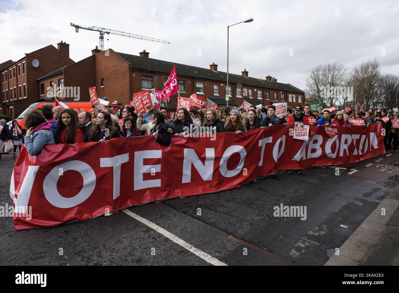 Protests from around the Ireland with anti-abortion banner during the All-Ireland Rally for Life (Save the 8th) - march to Save the 8th amendment to the Irish constitution which protects their right to life, and bans abortion.On Saturday, March 10, 2017, Dublin, Ireland. The Irish government has confirmed that it will hold a referendum on reform of the country’s strict anti-abortion laws by the end of May. Article 40.3.3 – known as the eighth amendment of the Constitution of Ireland recognizes the equal right to life of the mother and the unborn child. If the vote is in favour of repeal, the  Stock Photo