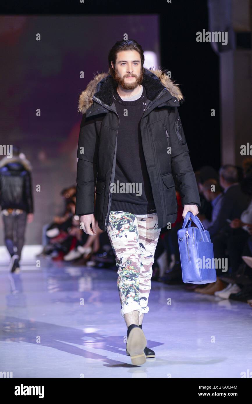 A Model walking the runway for the designer BURNT LIME during day one of Toronto Men's Fashion Week in Toronto, Canada, on 10 March 2018. (Photo by Arindam Shivaani/NurPhoto) Stock Photo