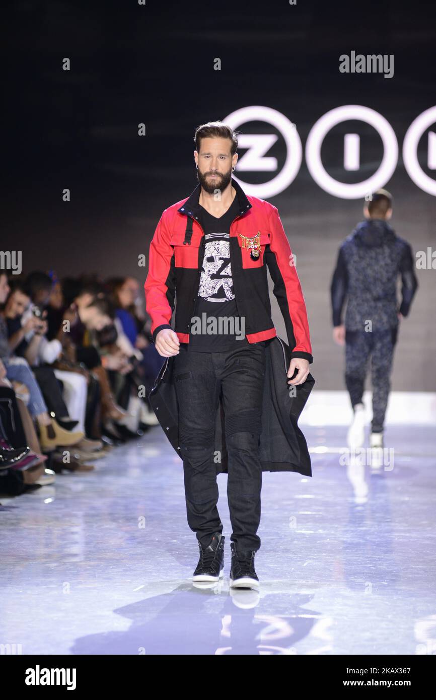 A Model walking the runway for the designer ZIN MOTOWEAR during day two of Toronto Men's Fashion Week in Toronto, Canada, on 10 March 2018. (Photo by Arindam Shivaani/NurPhoto) Stock Photo