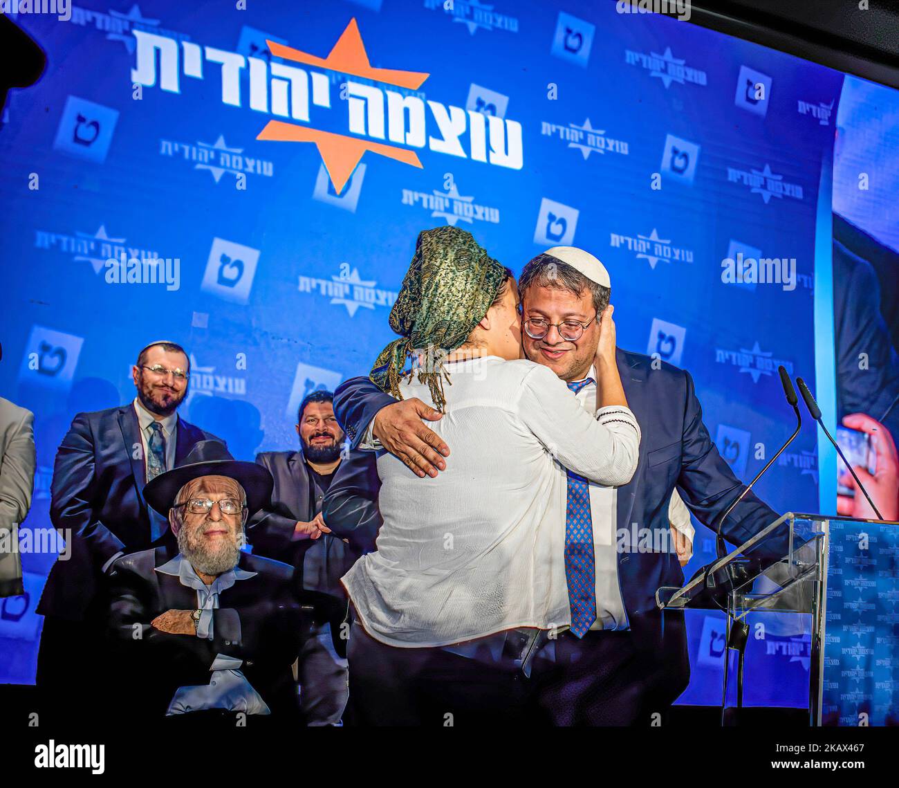 Jerusalem, Israel. 02nd Nov, 2022. Leader of the ultranationalist party Otzma Yehudity ( Jewish Strength ) Itamar Ben-Gvir and his wife Ayalah in Jerusalem after hearing the results of the exit polls giving his party 14 seats in the parliament. With more than 90% of the votes counted former Israeli Prime Minister Benjamin Netanyahu and his block of parties are set to win 65 seats out of the 120 seat Parliament. A come back for Netanyahu, the religious and extreme right nationalist block that he leads. Credit: SOPA Images Limited/Alamy Live News Stock Photo