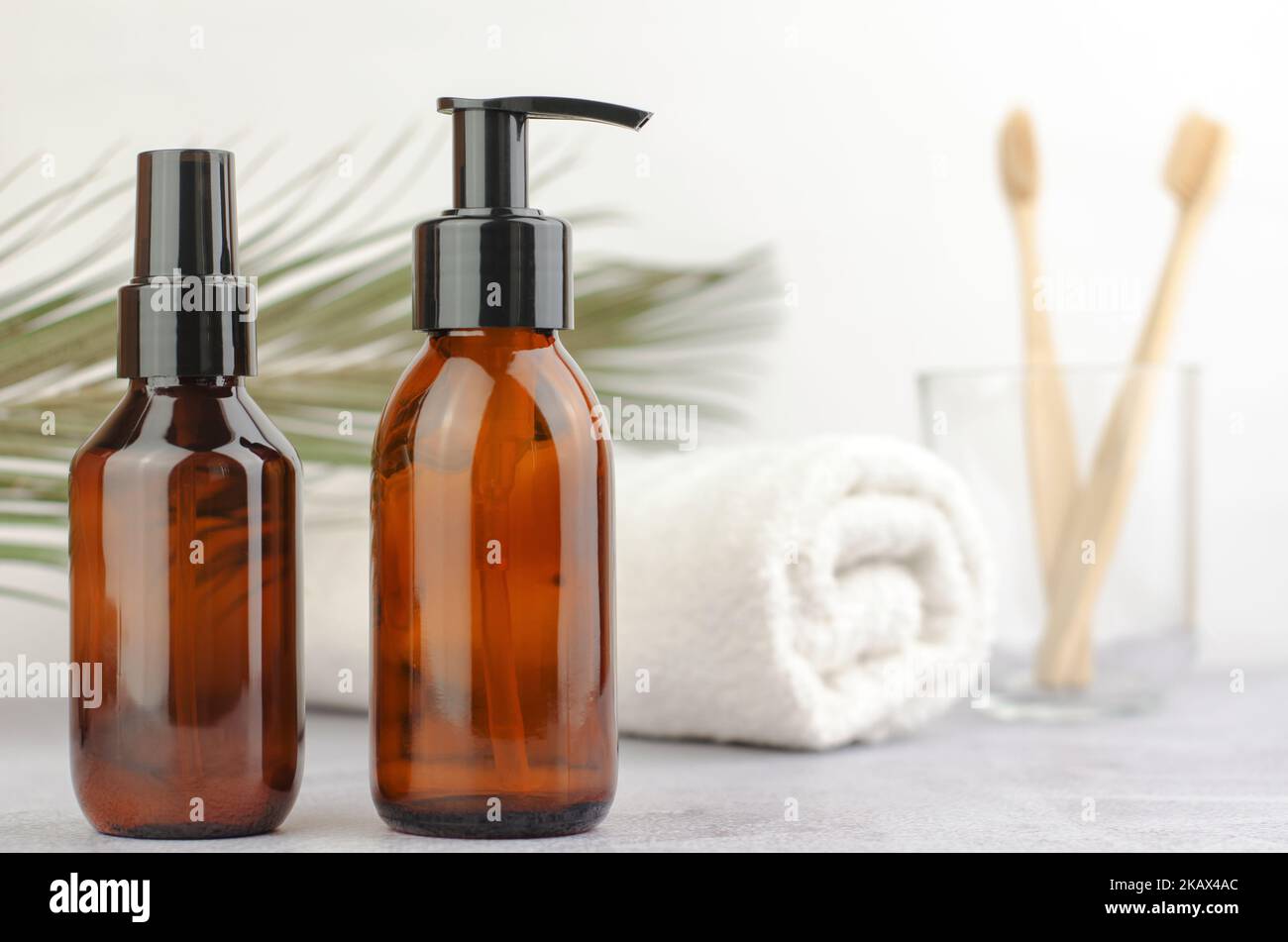 Cosmetic bottles in the bathroom. Skin care product, after shower