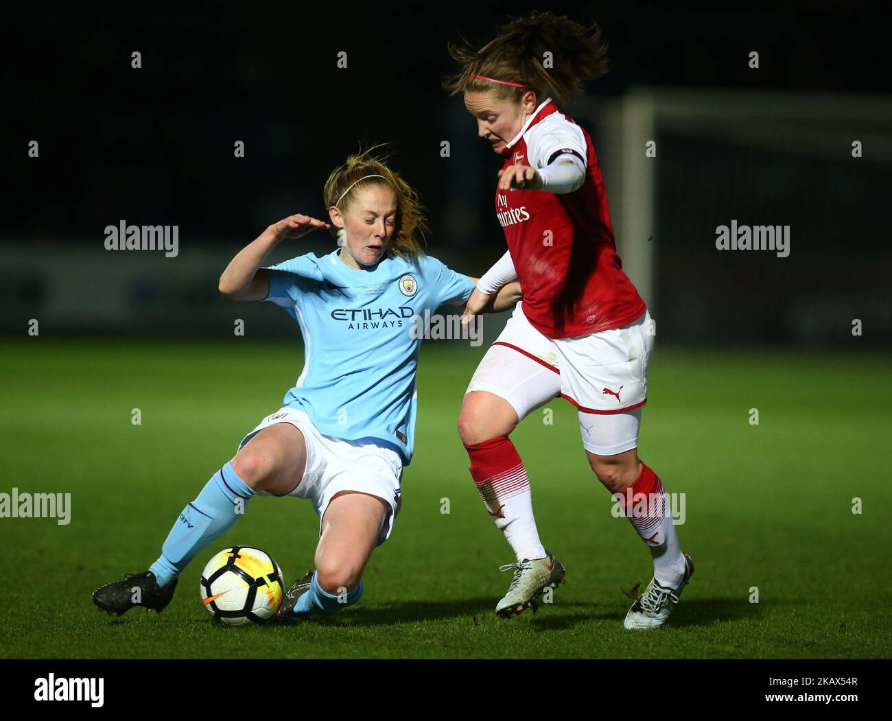 Kim Little of Arsenal tussle with Keira Walsh of Manchester City WFC during The FA WSL Continental Tyres Cup Final match between Arsenal against Manchester City Women at Adams Park stadium, Wycombe England on 14 March 2018 (Photo by Kieran Galvin/NurPhoto)  Stock Photo