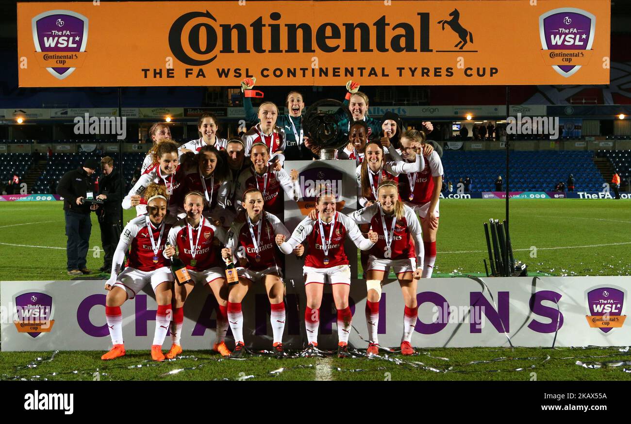 Arsenal players celebrates winning After The FA WSL Continental Tyres Cup Final match between Arsenal against Manchester City Women at Adams Park stadium, Wycombe England on 14 March 2018 (Photo by Kieran Galvin/NurPhoto) Stock Photo