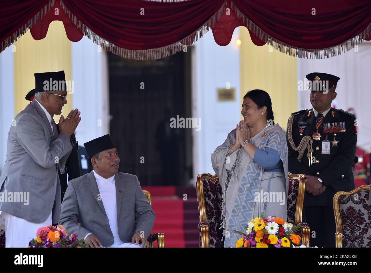 Chief of Justice Gopal Parajili greets Newly elected President of Nepal Bidhya Devi Bhandari at the Shital Niwas, Kathmandu, Nepal on Wednesday, March 14, 2018. (Photo by Narayan Maharjan/NurPhoto) Stock Photo