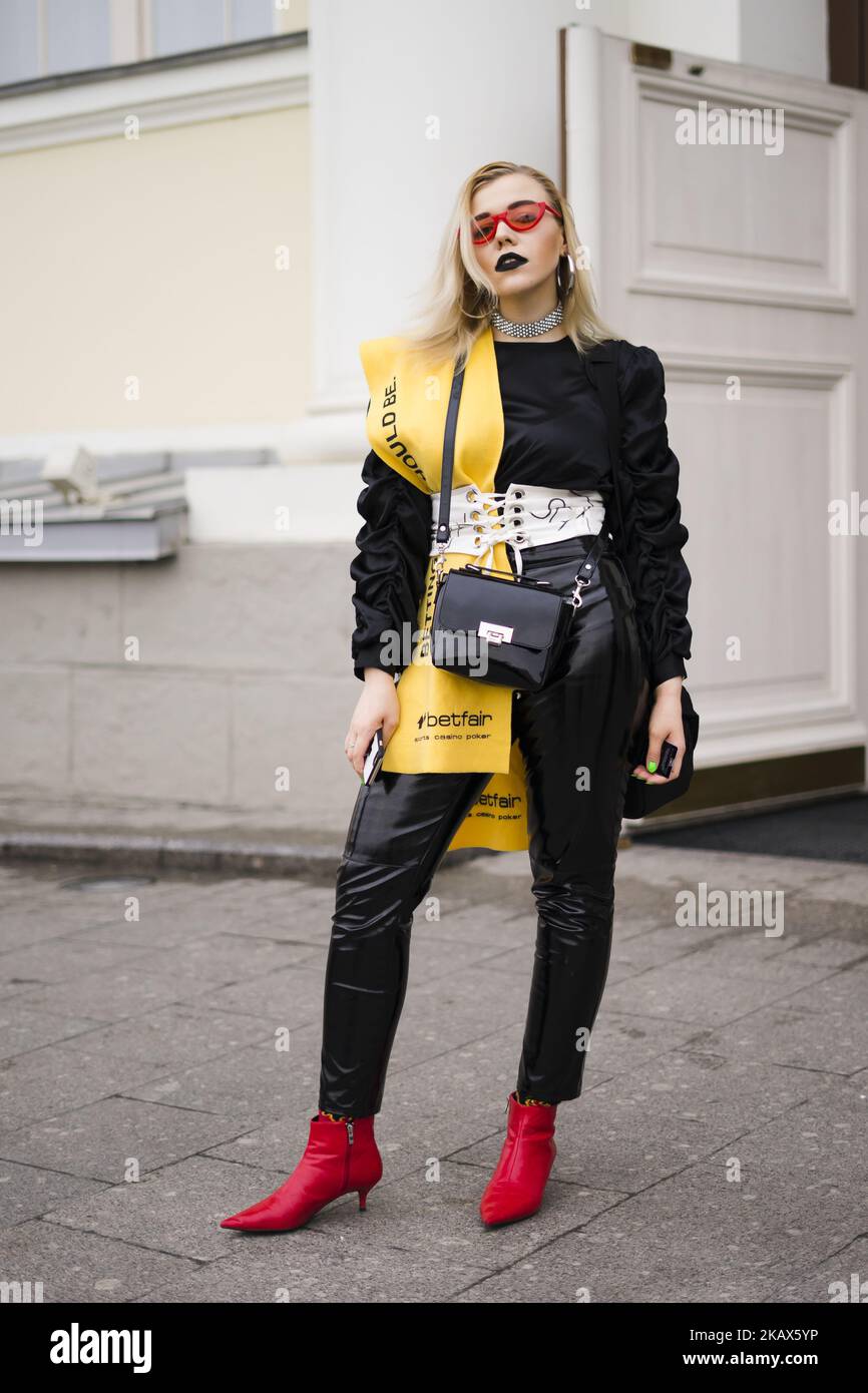 A guest is seen on street during the Mercedes Benz Fashion Week Russia Fall/Winter 2018/19 day four on March 13, 2018 in Moscow, Russia. (Photo by Nataliya Petrova/NurPhoto) Stock Photo