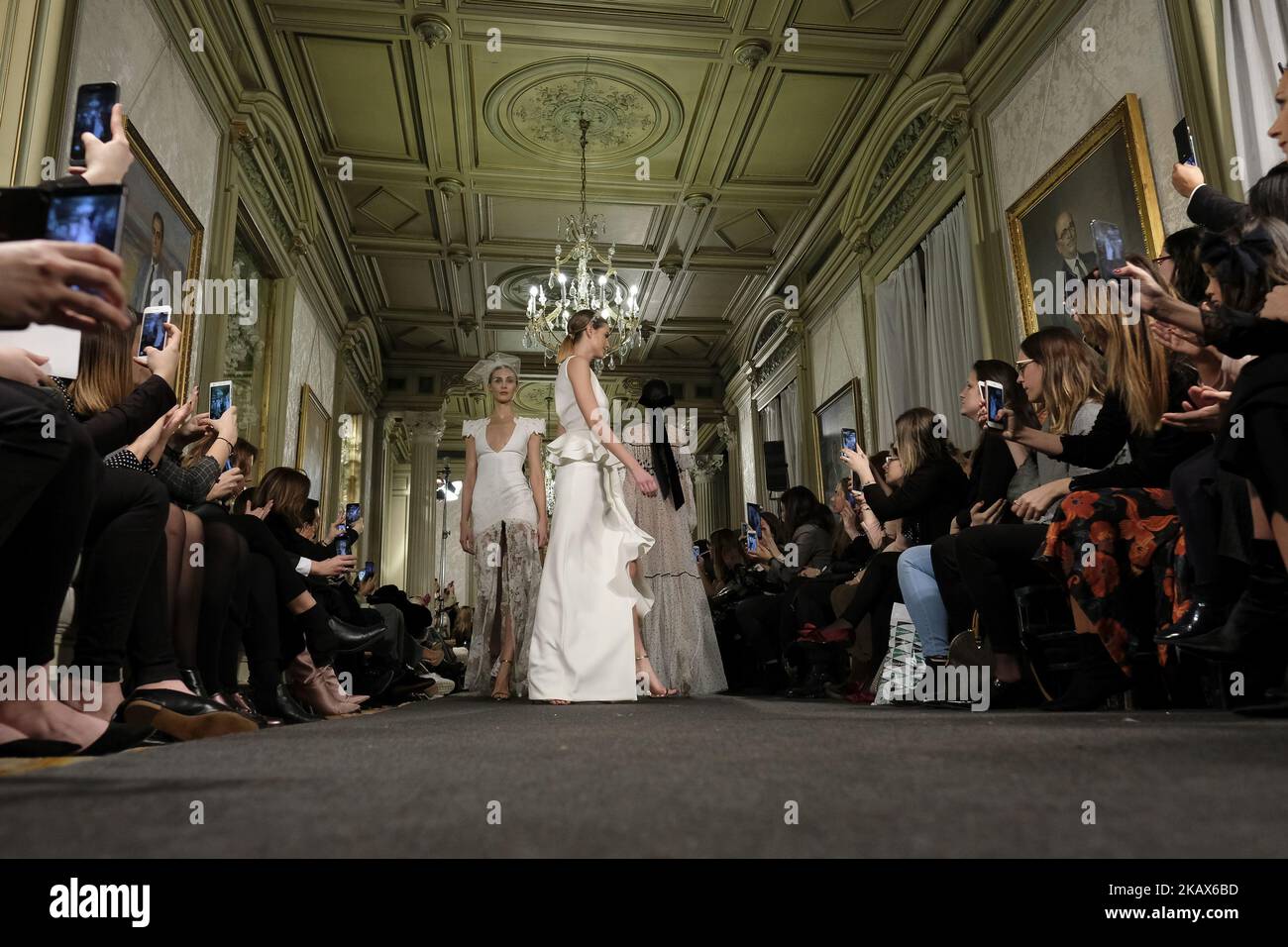 A Model shows a ALICIA RUEDA design during fashion week ATELIER COUTURE  fashionable bridal and luxury in ceremony at the Fernan Nunez Palace in  Madrid March 15, 2018 (Photo by Oscar Gonzalez/NurPhoto, image size:1300x956