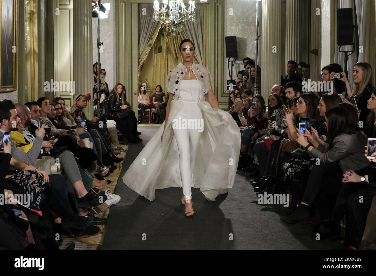 A Model shows a ALICIA RUEDA design during fashion week ATELIER COUTURE  fashionable bridal and luxury in ceremony at the Fernan Nunez Palace in  Madrid March 15, 2018 (Photo by Oscar Gonzalez/NurPhoto, image size:1300x956