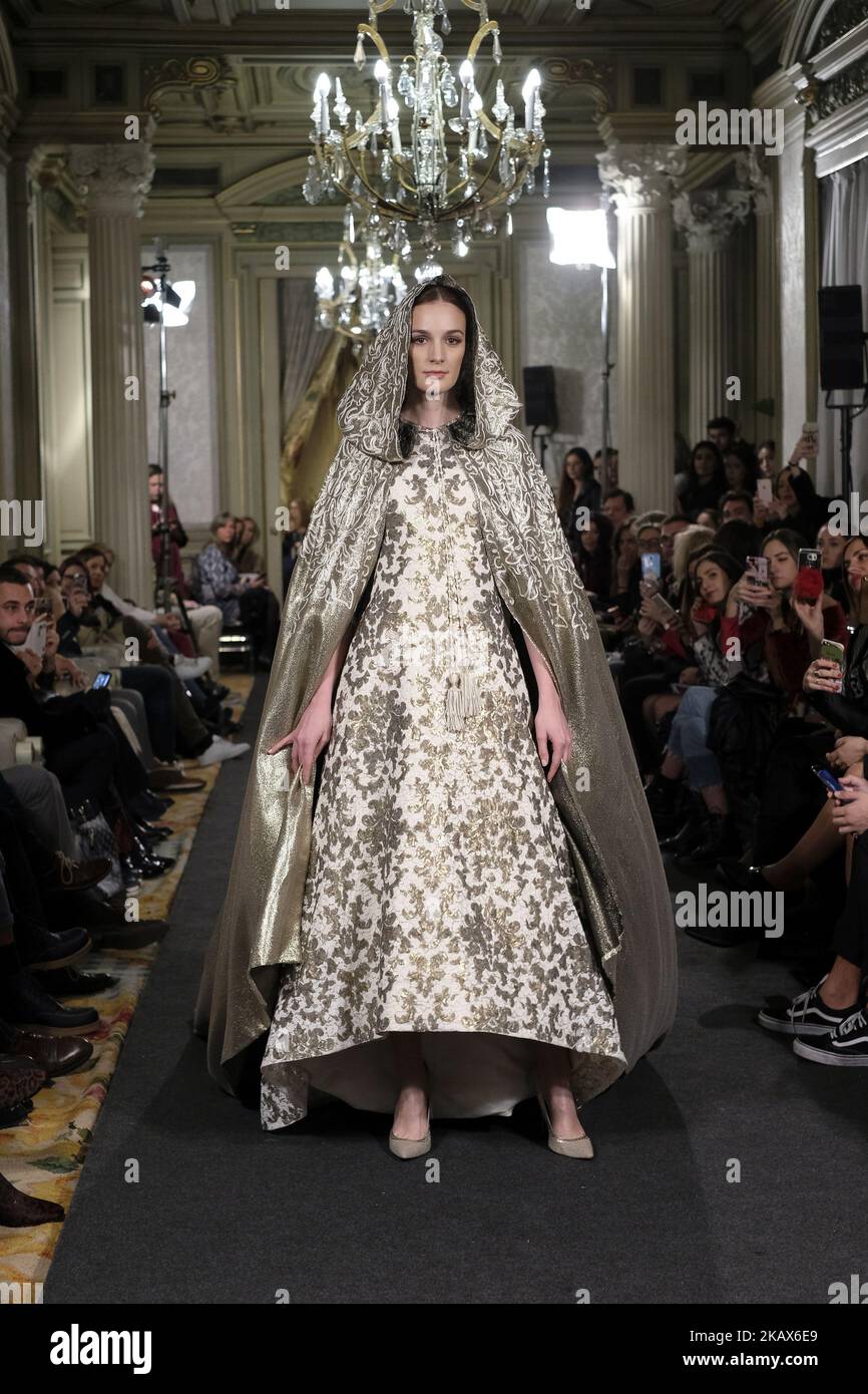 A Model shows a EMILIO SALINAS design during fashion week ATELIER COUTURE fashionable bridal and luxury in ceremony at the Fernan Nunez Palace in Madrid March 15, 2018 (Photo by Oscar Gonzalez/NurPhoto) Stock Photo